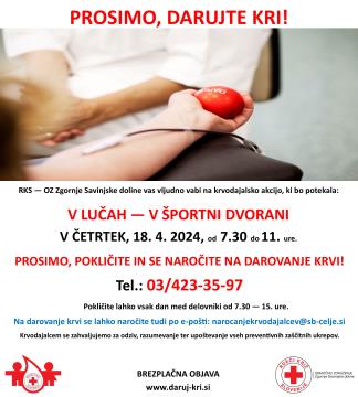 Krvodajalska akcija Luče - 18. 4. 2024, Športni center Luče